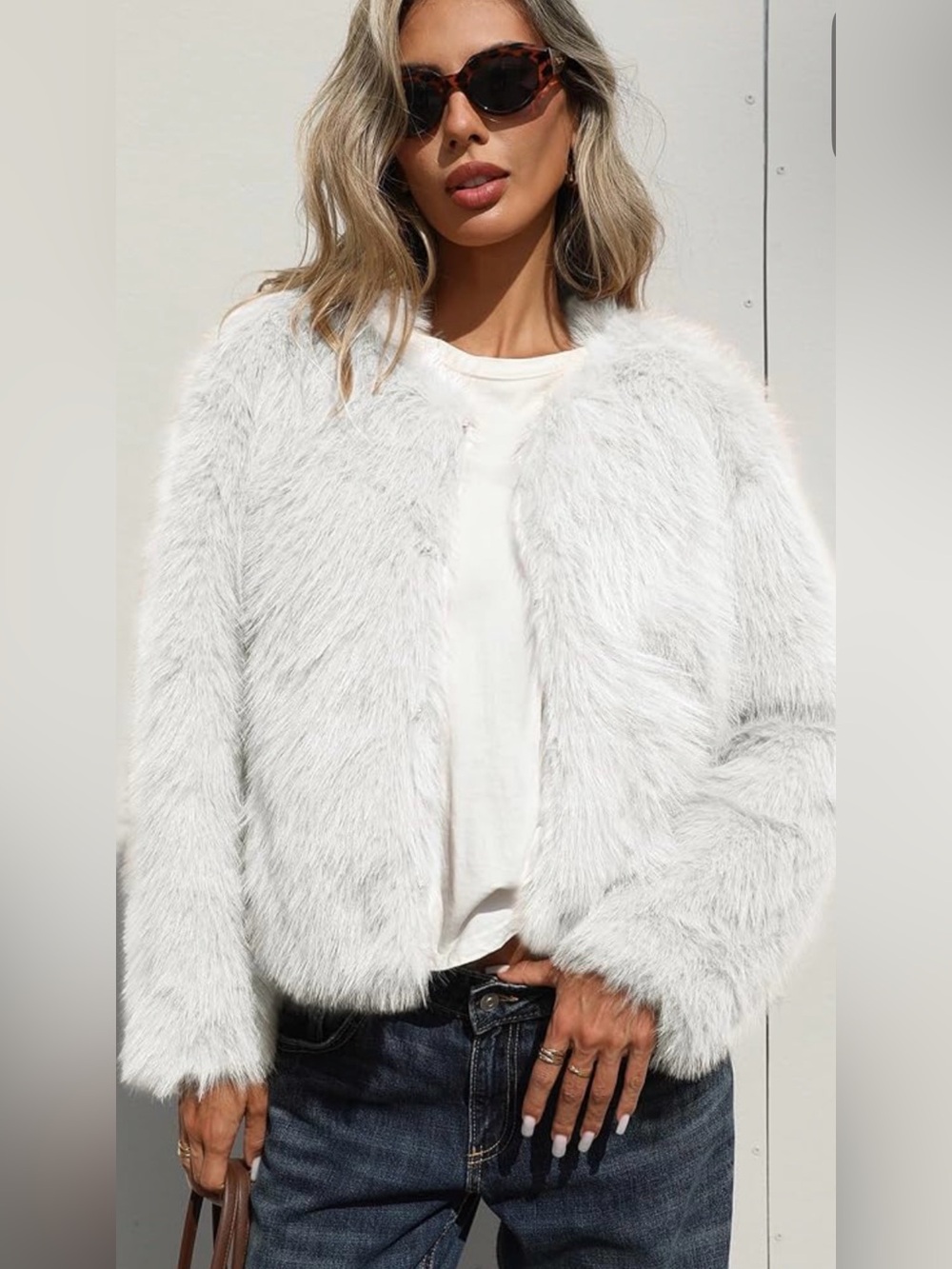 Faux Fur White Jacket - Women's Plush Coat